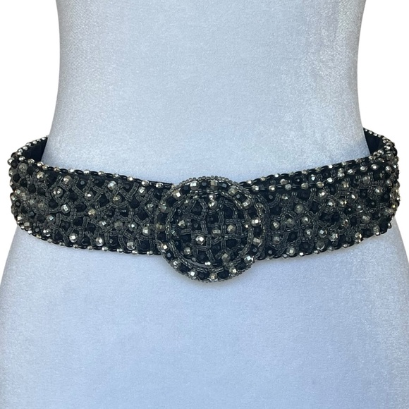 Vintage Beaded Glass Bead Belt Black Silver Statement Boho Y2K Artisan Festival